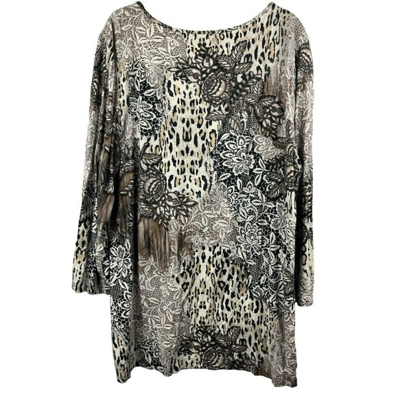 Chicos Women's Top XL V Neck Mixed Media Animal Cheetah Black Brown Stretch 3/4 - Picture 4 of 6
